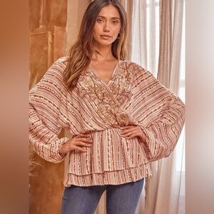 Savanna Jane Blush and Rust Striped Embroidered Floral V-Neck Blouse Size 3X